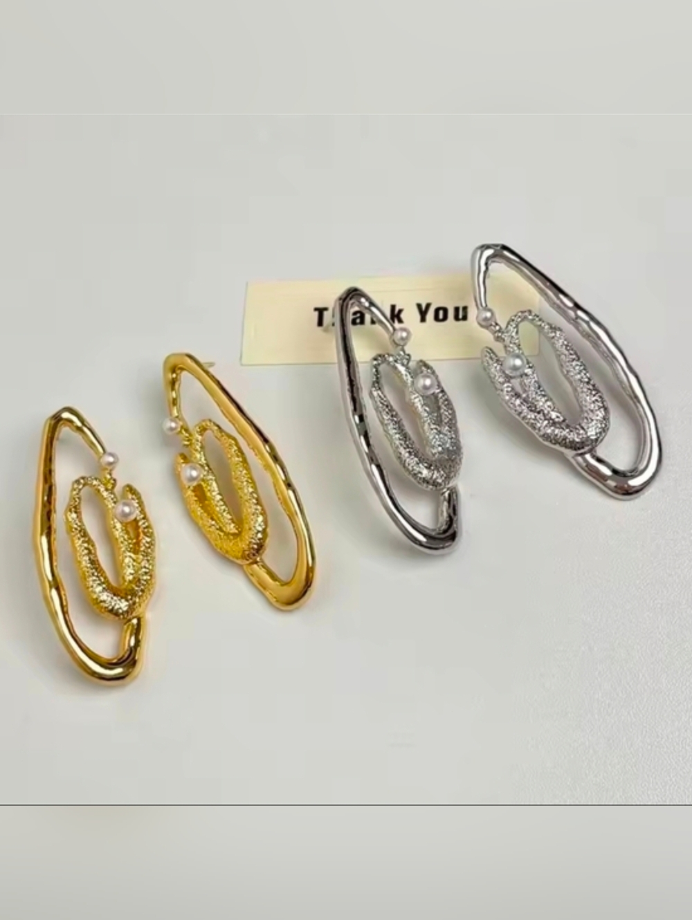 Gold Textured Loop Earrings with Pearl Accents - Picture 3 of 3